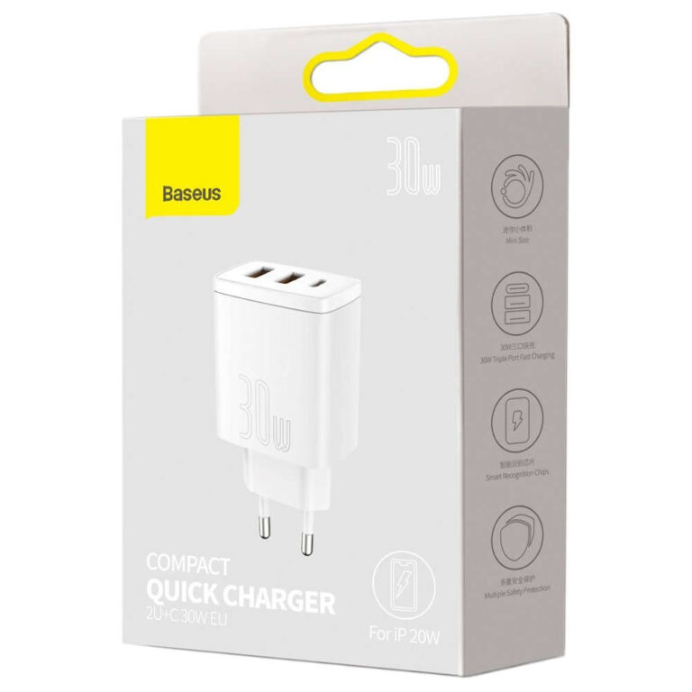 Ładowarka Baseus Compact Quick Charger 2xUSB USB-C PD QC 3.0 30W Biała - obrazek 10