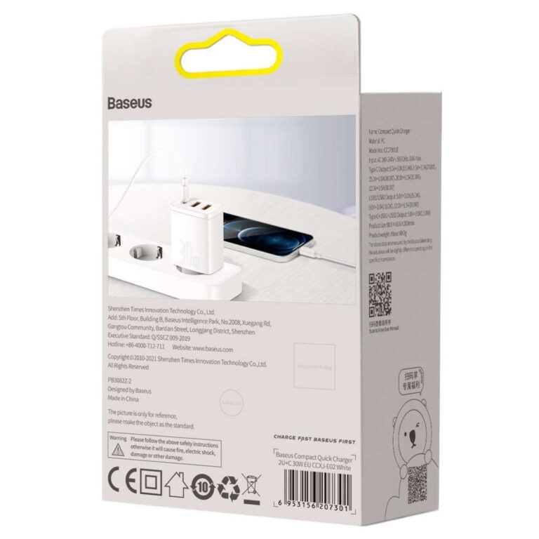 Ładowarka Baseus Compact Quick Charger 2xUSB USB-C PD QC 3.0 30W Biała - obrazek 11
